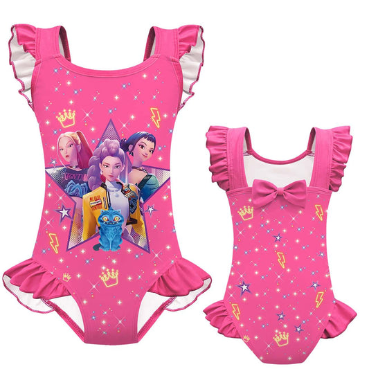K-pop Demon Hunter Print Girls One-Piece Swimsuit Ruffles Swimwear