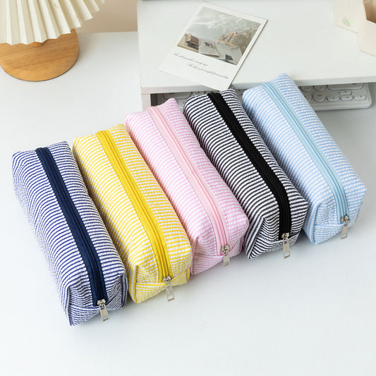 Seersucker Striped Makeup Pouch Travel Toiletry Bag Pencil Case