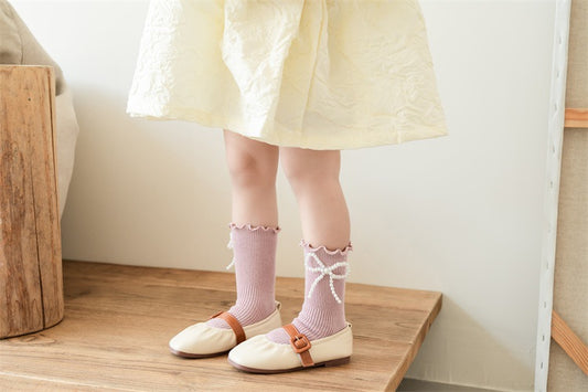 Girls Sweet Ruffle Crew Socks with Pearl Bow, Soft Combed Cotton Socks