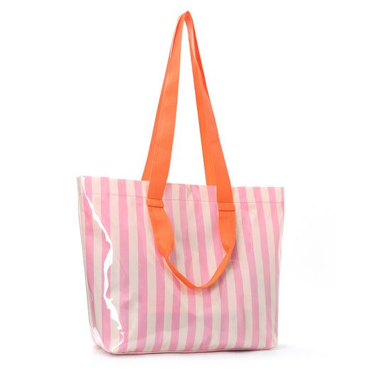 Waterproof Clear Striped Tote Bag – Large PVC Beach & Shopping Bag with Colorful Straps