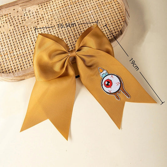 Halloween Pumpkin Cat Witch Embroidered Ribbon Bow Hair Tie Kids & Adults 6 Colors Available