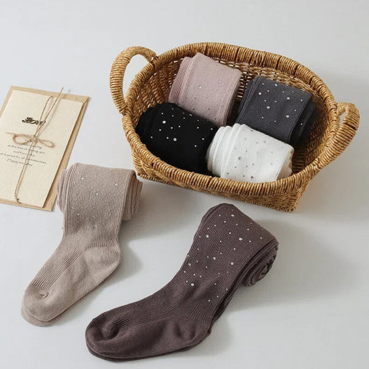 Rhinestone Ribbed Cotton Tights Stretchy Sparkle Leggings for Toddler & Little Girls