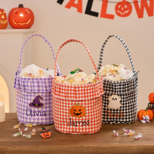 Personalized Halloween Trick or Treat Basket for Kids – Custom Name, Embroidered Patch & Gingham Candy Bucket