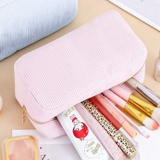 Corduroy Striped Makeup Bag Portable Toiletry Storage Pouch