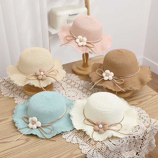 Kids Straw Sun Hat & Woven Bag Set Spring Summer Foldable Beach Hat Floral Button Detail