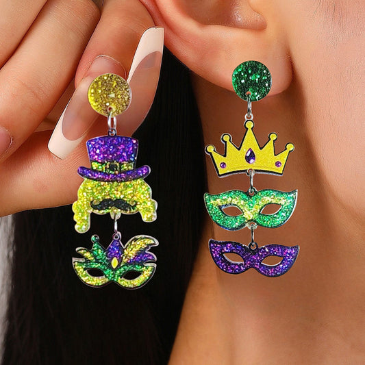 Mardi Gras Carnival Acrylic Stud Earrings Mask, Crown & Hat Festival Jewelry