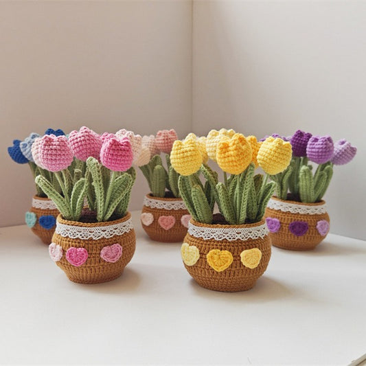Handmade Knitted Tulip Pot – Crochet Yarn Flower Desk Decor Gift