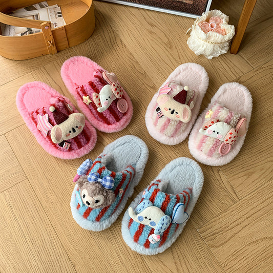 Kids Plush Slippers Winter Cartton Stuffed Doll Stripe Unisex Cozy Non-Slip Slide Mule Slippers