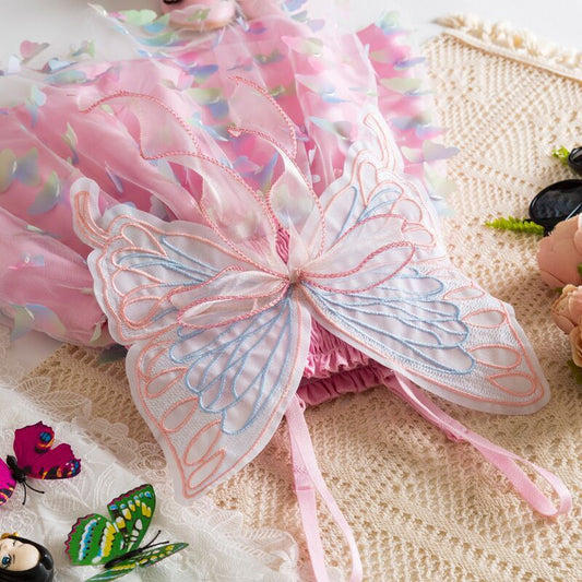 Girls Butterfly Wing Tulle Dress Smocked Spaghetti Strap Party Dress