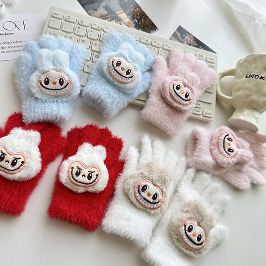Winter Knit Gloves with Plush Doll Decoration Warm Fuzzy Rhinestone Finger Gloves for Parent Child Matching