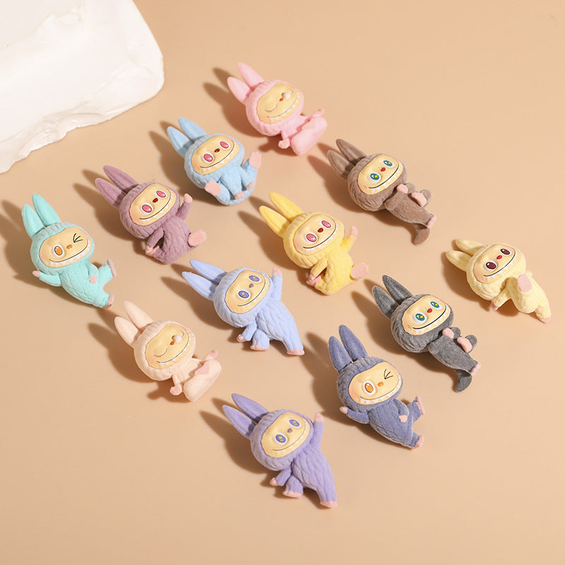 Cartoon Lazy Yoga Labubu Flocked Mini Cute Figurine Toy Ornament Decor DIY Accessory