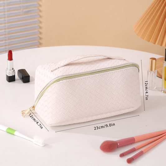 Woven PU Leather Makeup Bag with Handle & Zipper Travel Toiletry & Cosmetic Organizer