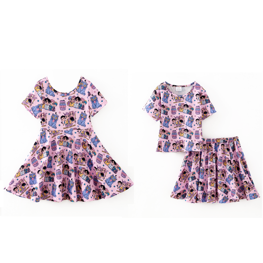 Girls Kpop Demon Hunter Pink Milk Silk Dress & Skirt Set