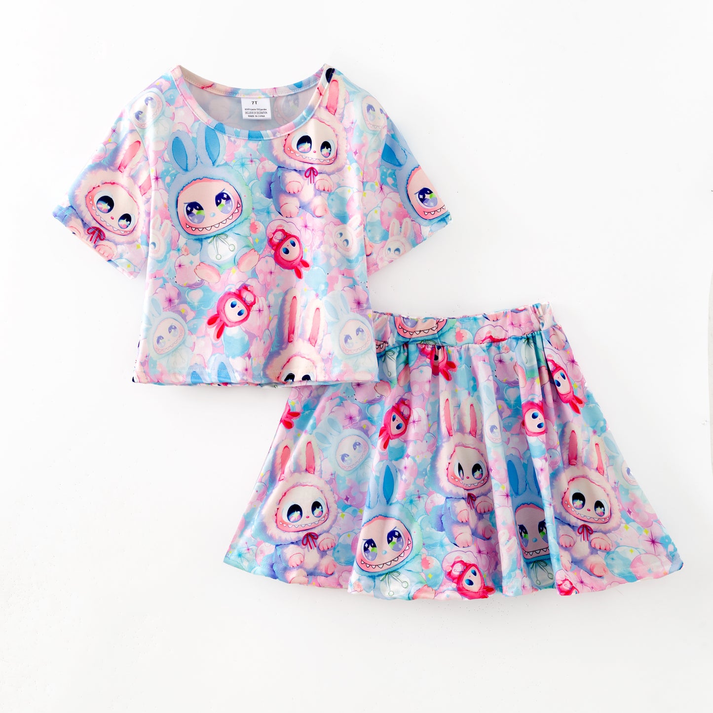 Girls Cartoon Monster Cute Print Skirt Set