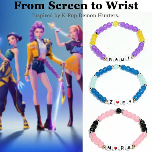 K-Pop Demon Hunters Rumi Mira Zoey Letter Glass Beaded Stretch Bracelet Set – 2 Styles Available