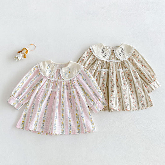 Girls’ Cotton-Rich Floral Dress with Embroidered Collar – In Stock