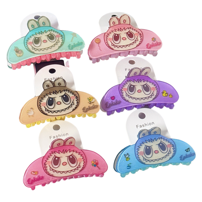 Colorful Dopamine Labubu Cartoon Hair Claw – Cute Printed Kids Hair Clip, Back Bun Shark Clip