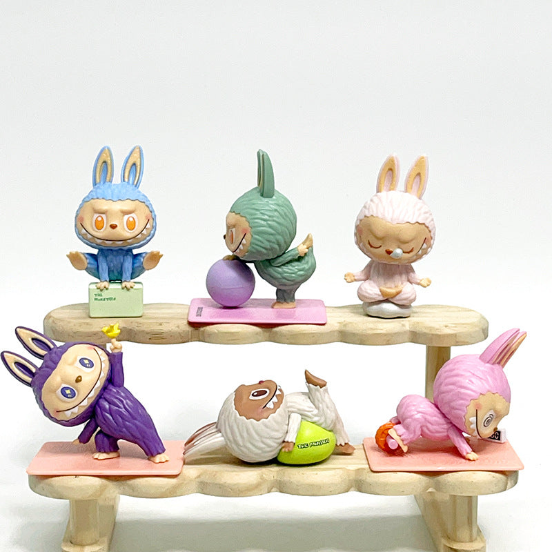 Labubu Yoga Flocked Vinyl Figure Collectible Toy Blind Box Surprise Trendy Desk Decor 6Pcs