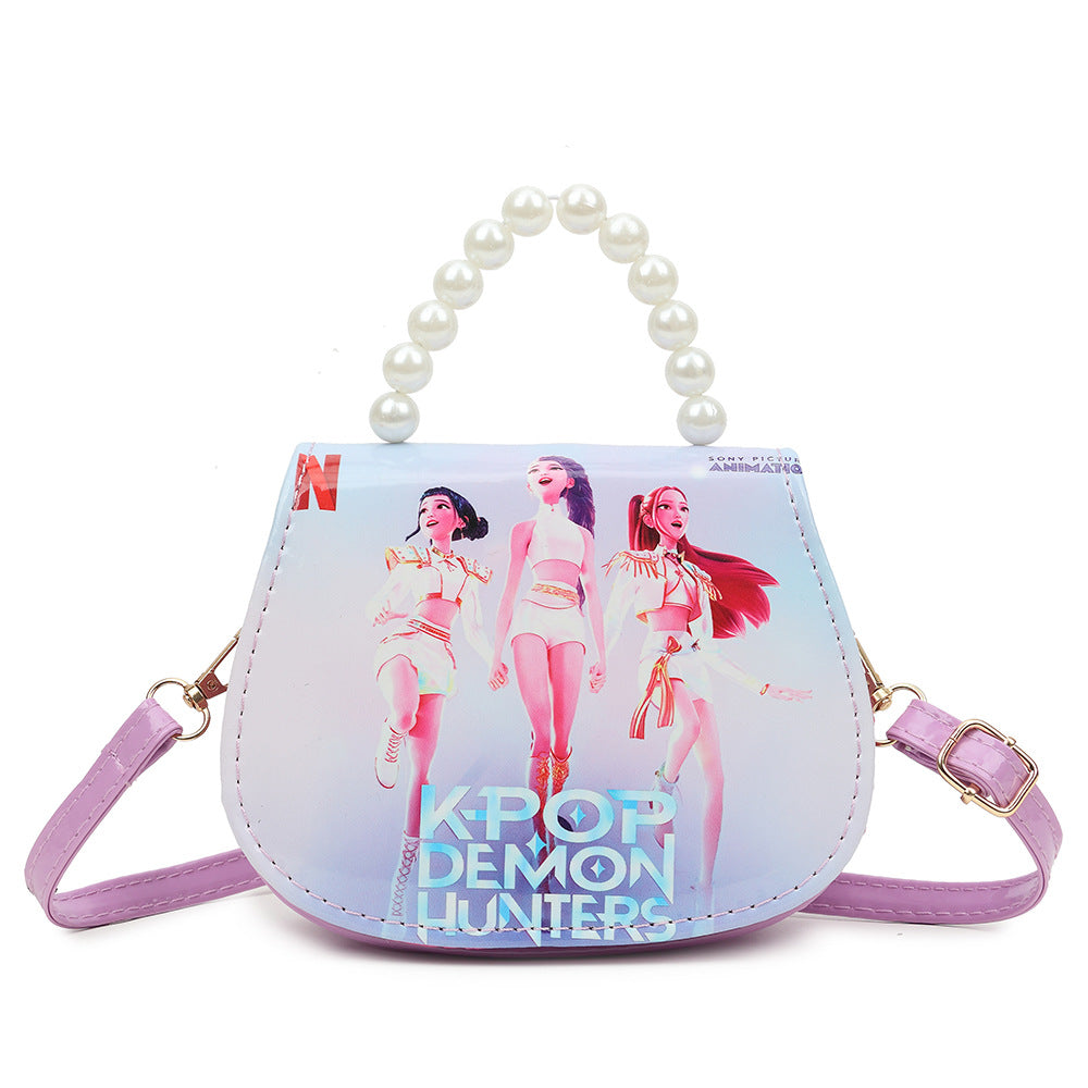 K-POP Demon Hunters Anime Print Kids Crossbody Bag with Pearl Handle & PU Strap