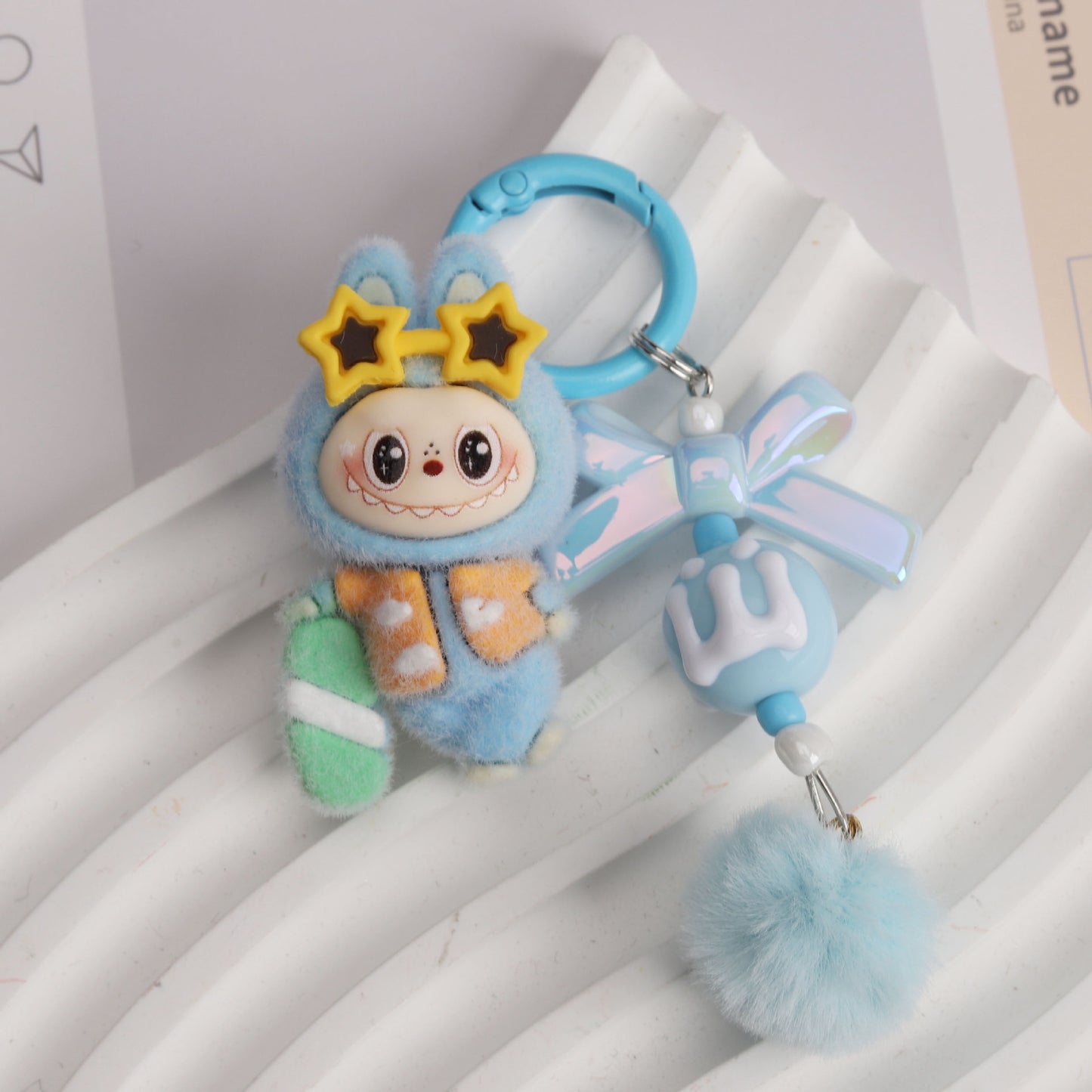 New Flocked Surfboard Sunglasses Labubu Beaded Keychain Cute Charm Bag Pendant Accessory