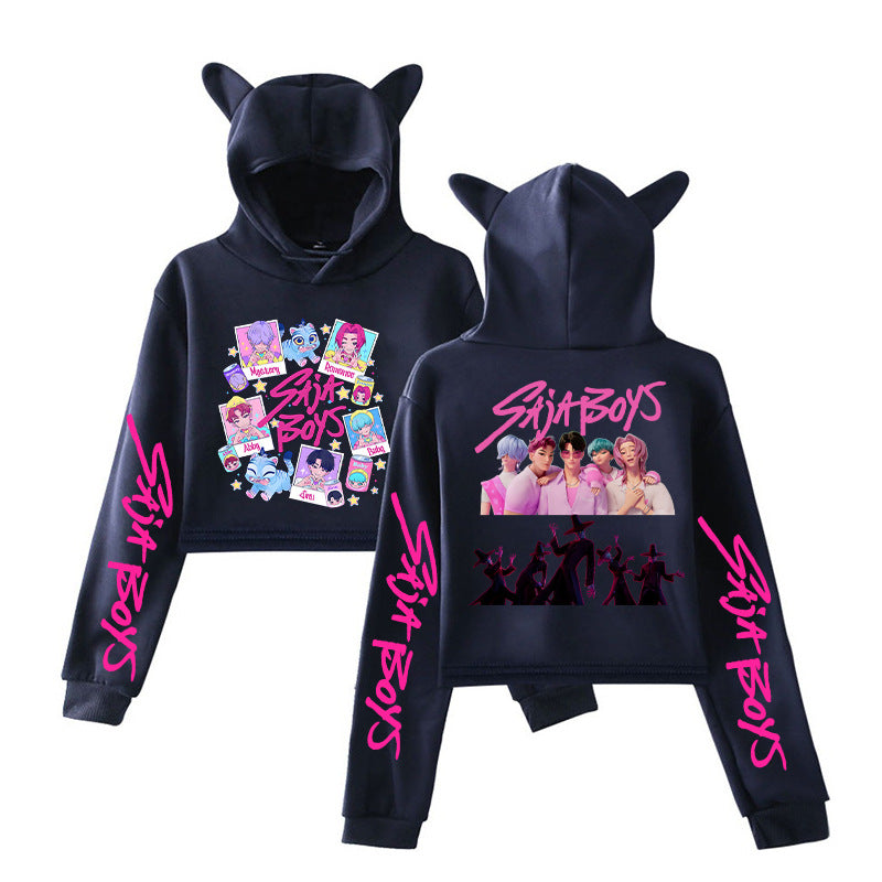 K-Pop Demon Hunters Printed Pink Navy Cat Ear Short Hoodie Anime Sweatshirt for Fall and Winter