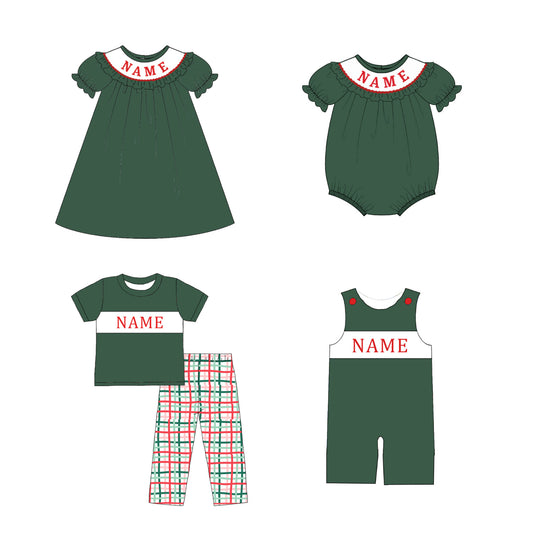 Kids Christmas Green Plaid Smocked Collection Custom Name Holiday Outfits