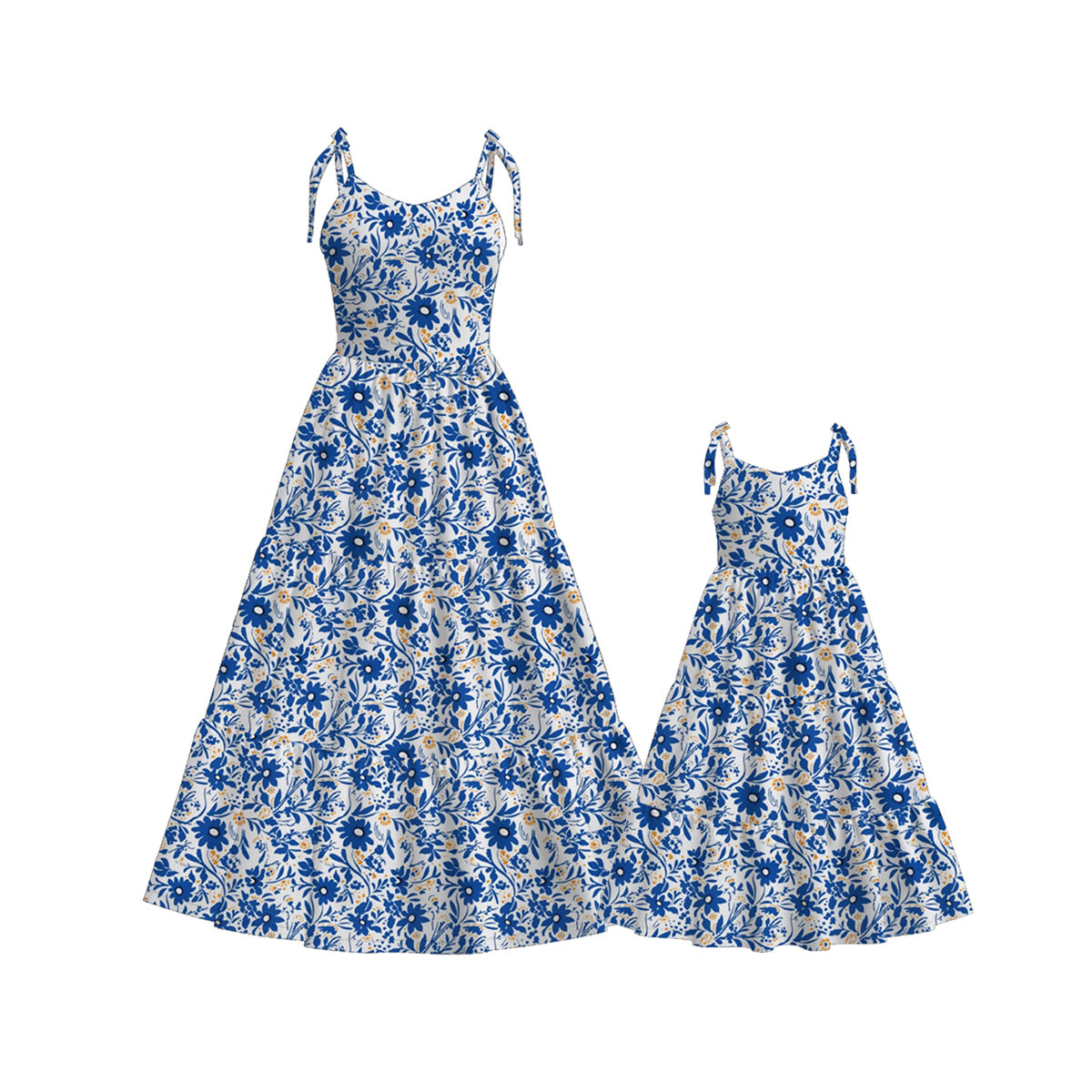 Mommy and Me Blue Floral Print Summer Soft Maxi Dress