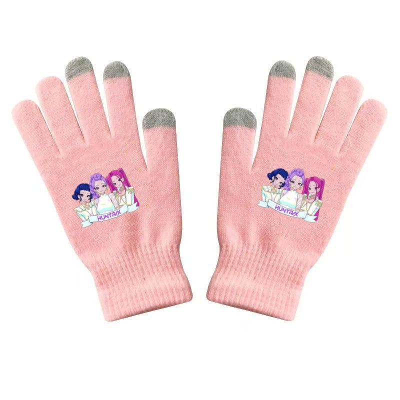 K-Pop Demon Hunters Kids Gloves for Boys and Girls Warm Dopamine Style Knitted Printed Gloves for Fall and Winter