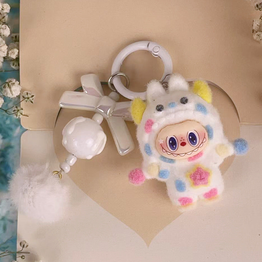 Flocked Labubu Key chain Pom-pom Backpack Charm Trendy Merchandise