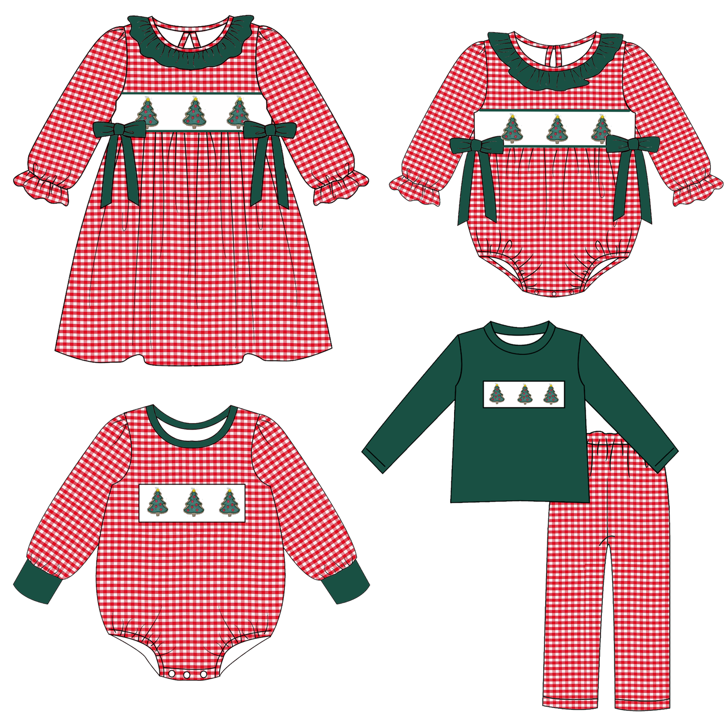 Christmas Smocked Collection โ Red Gingham with Christmas Tree Embroidery