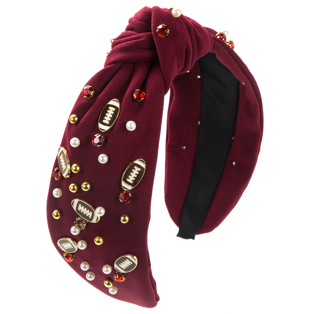 American Football Top Knot Headband with Pearls & Rhinestones – Wide Hair Accessory, Game Day Gift for Fans