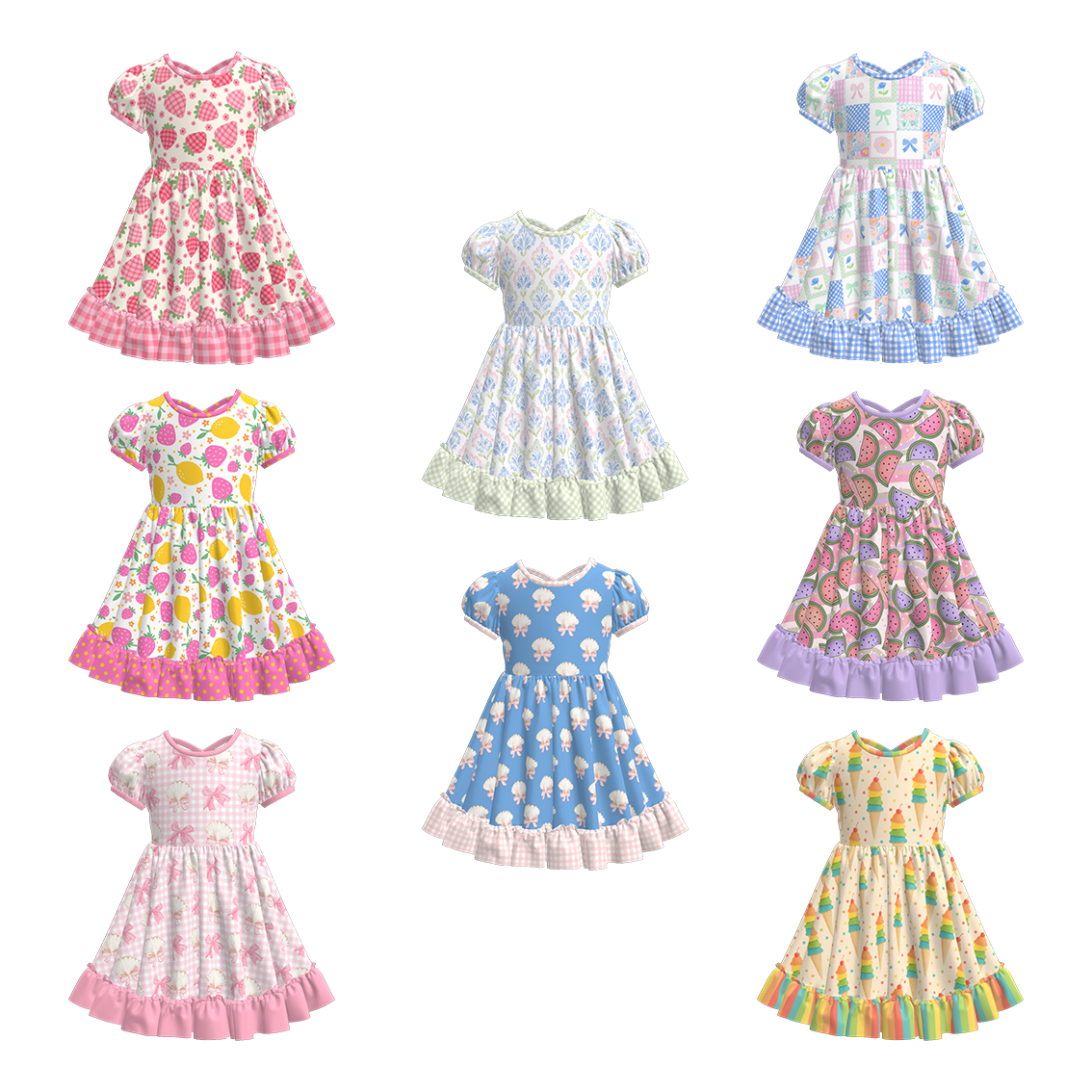 Toddler Girls Fruit Ice-cream Summer Themed Print Ruffled Dress