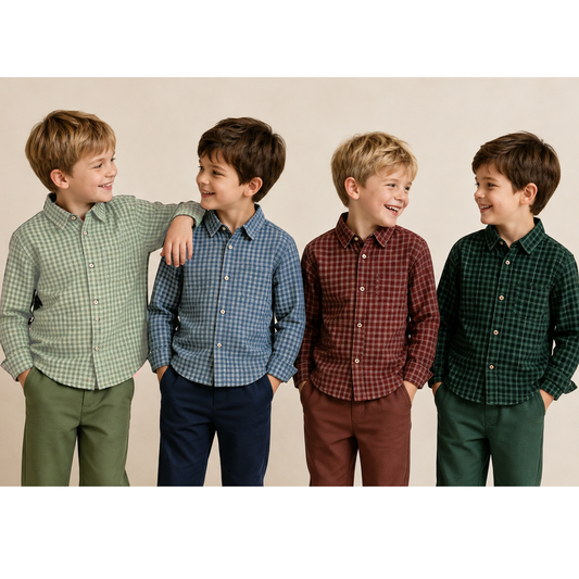 Boys Fall Winter Gingham Plaid Long Sleeve Button Down Shirt – Classic Checkered Casual Shirt for Kids