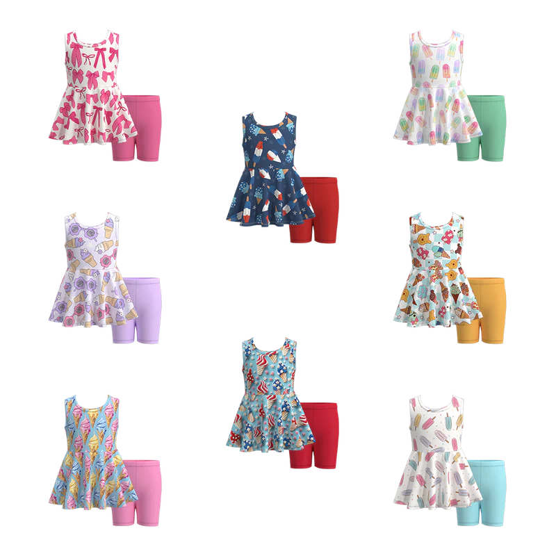Girls Summer Patriotic Ice-Cream Bow Print Short Set
