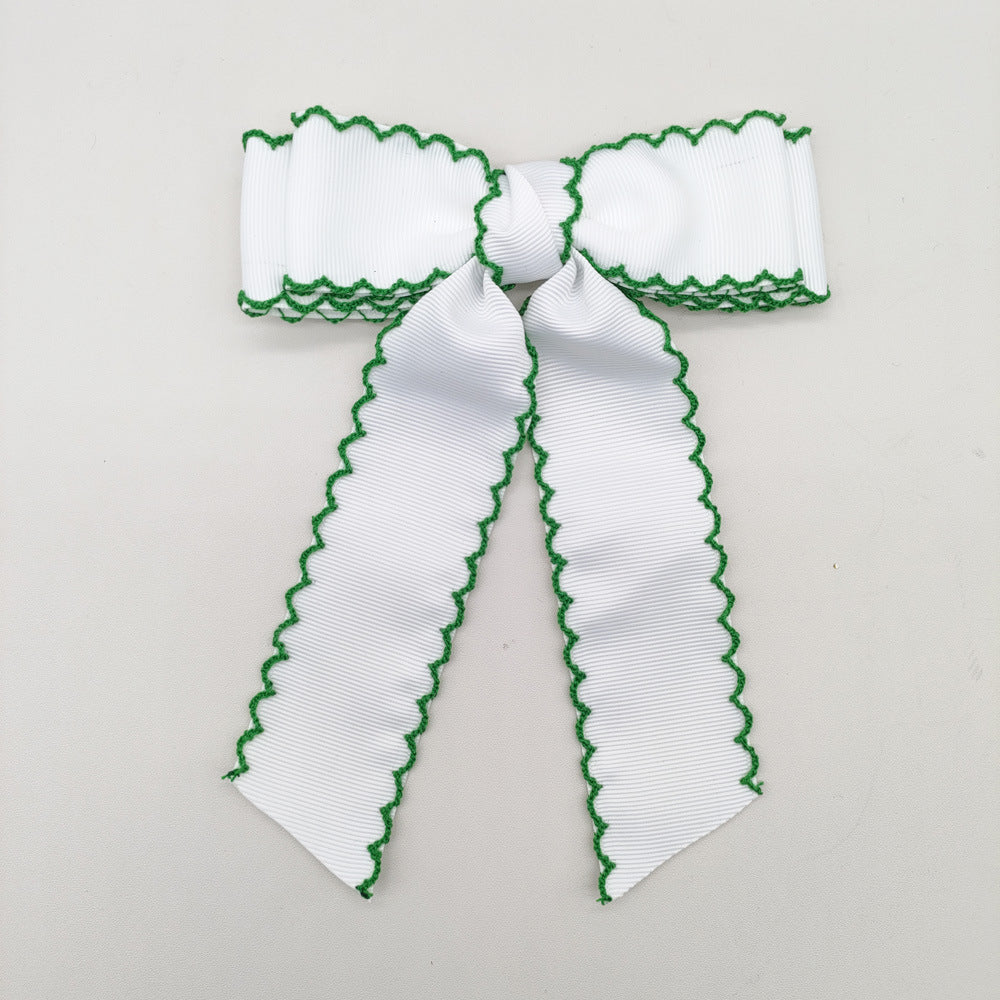 Girls Grosgrain Ribbon Bow Hair Clip – Contrast Scalloped Stitching & Long Ribbon Tails