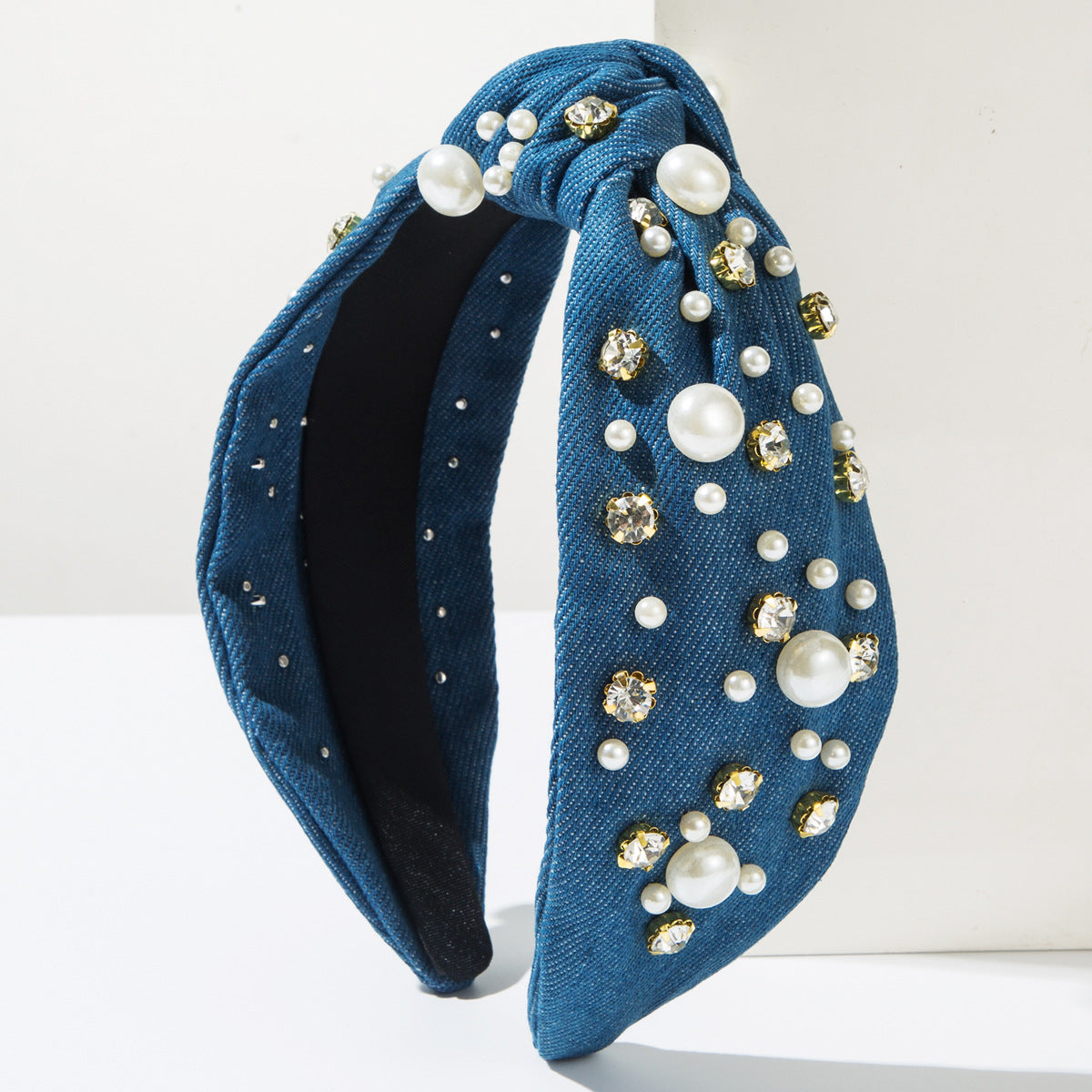 Wide Knotted Headband with Pearls & Rhinestones Padded Fashion Hair Band for Women & Girls