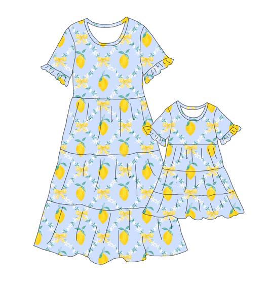 Mommy and Me Lemon Bow Patchwork Short Sleeves Dress