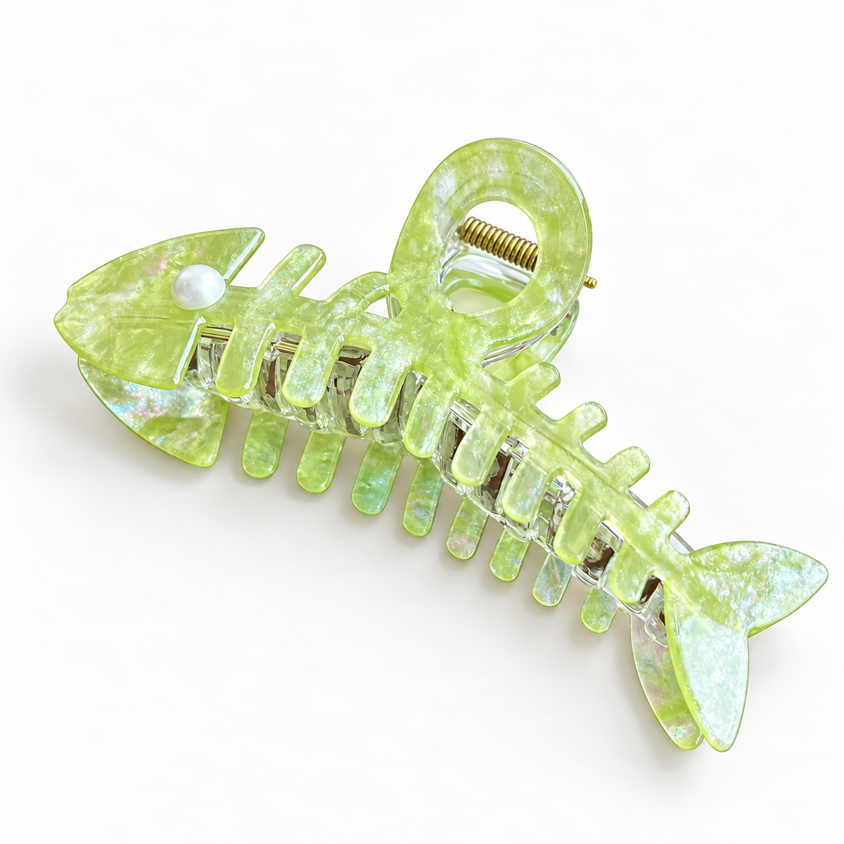 Iridescent Fishbone Hair Claw Clip – Acetate-Look Fish Skeleton Clip with Faux Pearl Eye