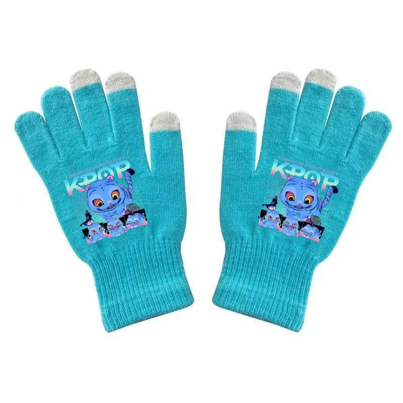 K-Pop Demon Hunters Kids Gloves for Boys and Girls Warm Dopamine Style Knitted Printed Gloves for Fall and Winter