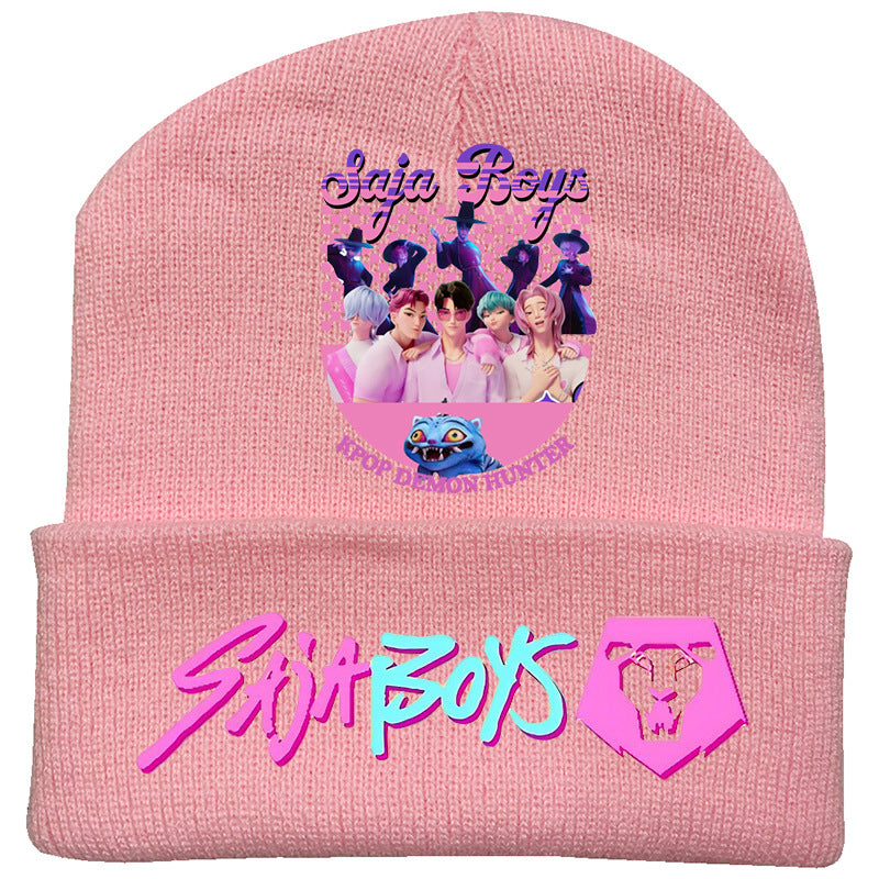 K-Pop Demon Hunters Anime Beanie, Fashion Knitted Cuffed Hat with Print, Outdoor Adult Winter Cap
