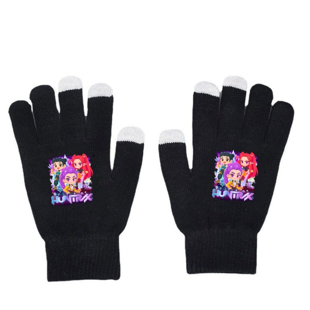 K-Pop Demon Hunters Kids Gloves for Boys and Girls Warm Dopamine Style Knitted Printed Gloves for Fall and Winter