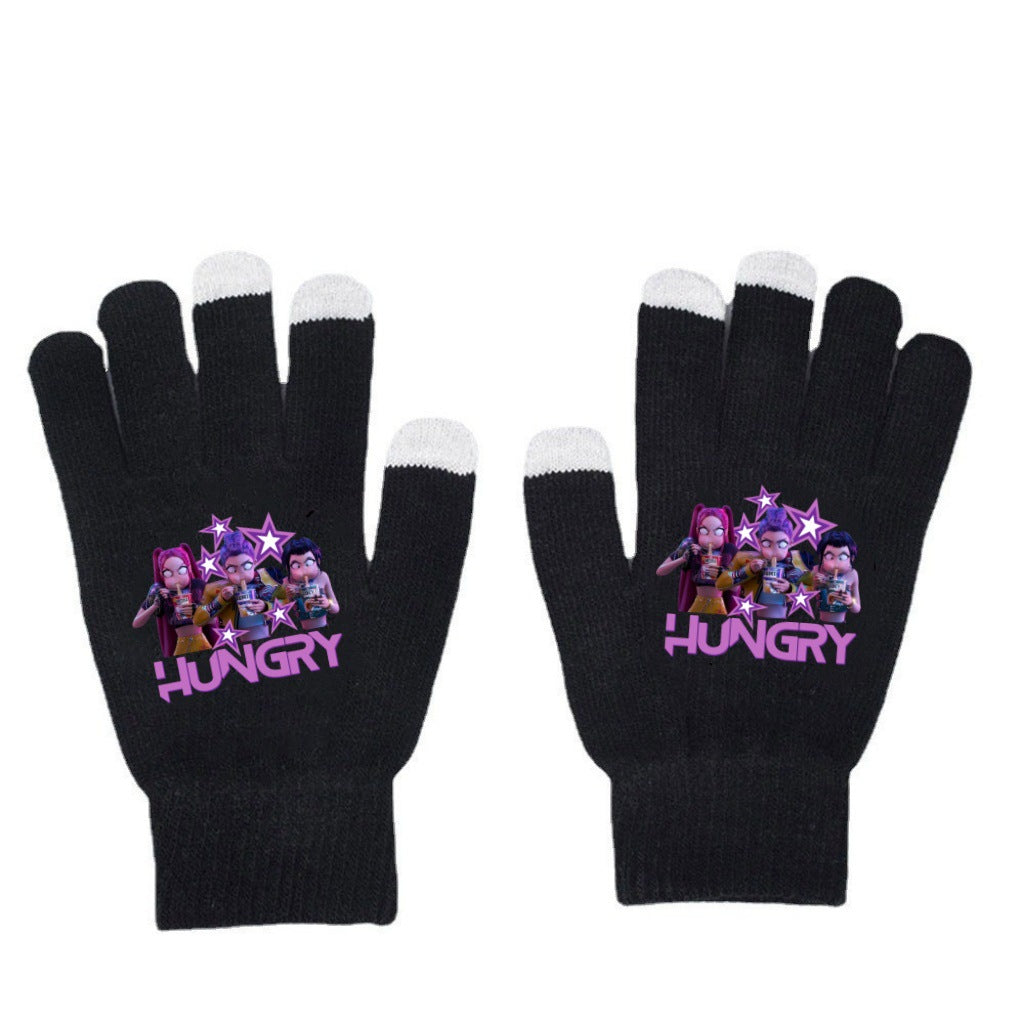 K-Pop Demon Hunters Kids Gloves for Boys and Girls Warm Dopamine Style Knitted Printed Gloves for Fall and Winter