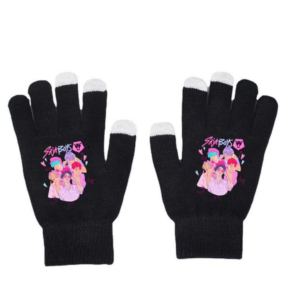 K-Pop Demon Hunters Kids Gloves for Boys and Girls Warm Dopamine Style Knitted Printed Gloves for Fall and Winter