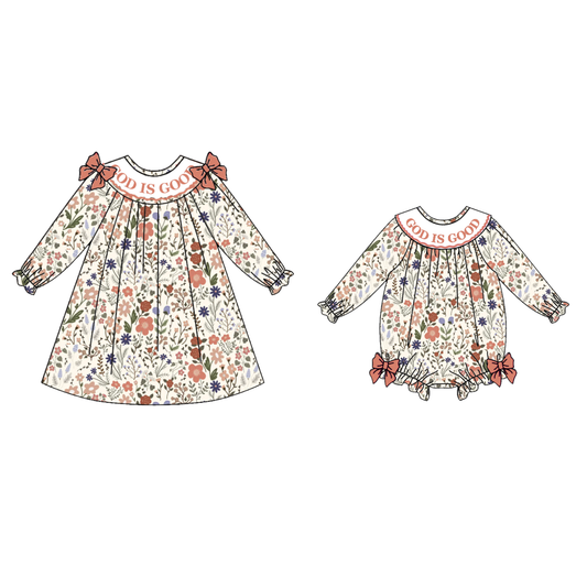 Girls Fall God Is Good Embroidery Smock Floral Dress & Bubble