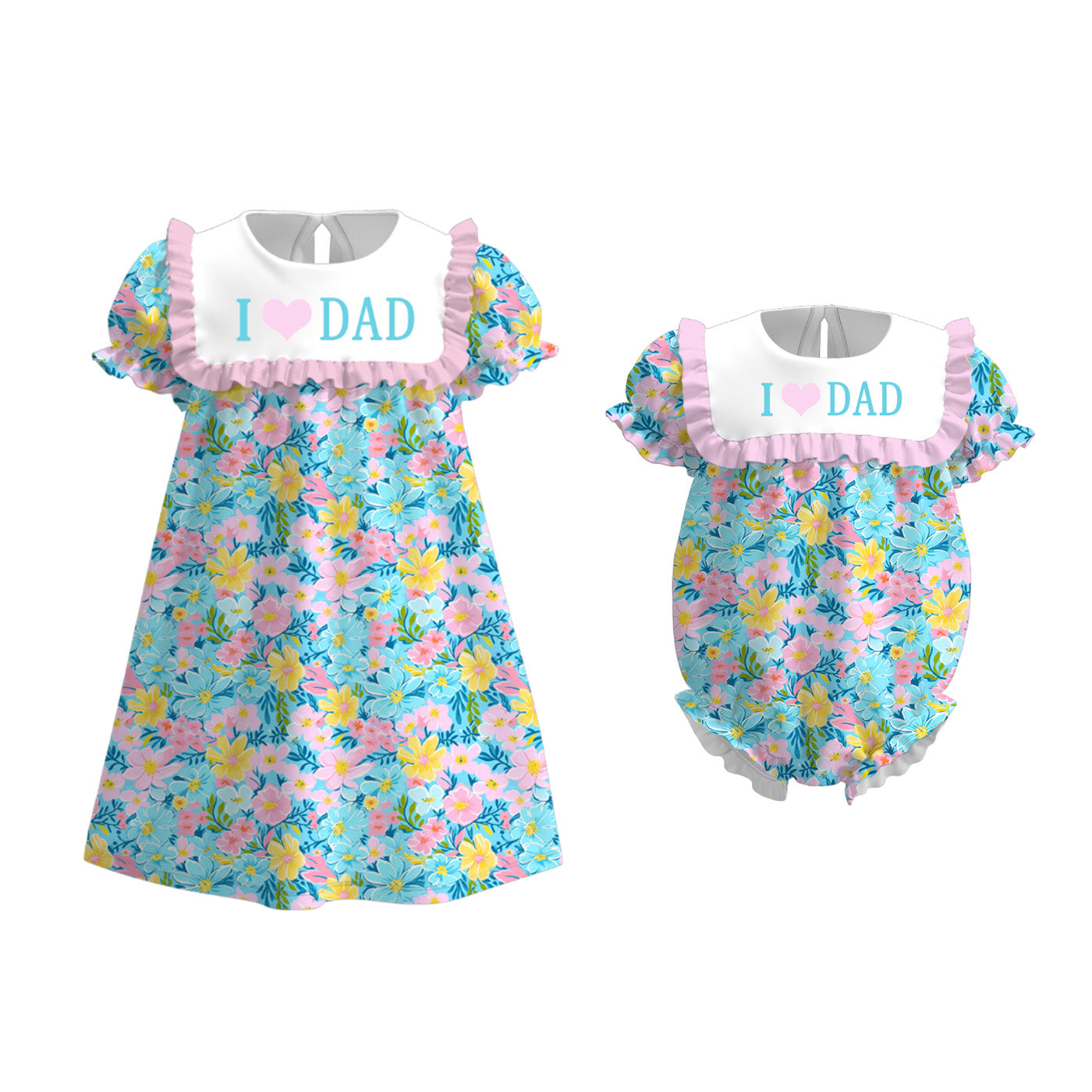 Girls Summer I LOVE DAD Embroidery Pink Blue Floral Dress Romper