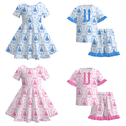 Girls Summer Fall Pink Blue Castle Bow Print Dress & Pajamas Set