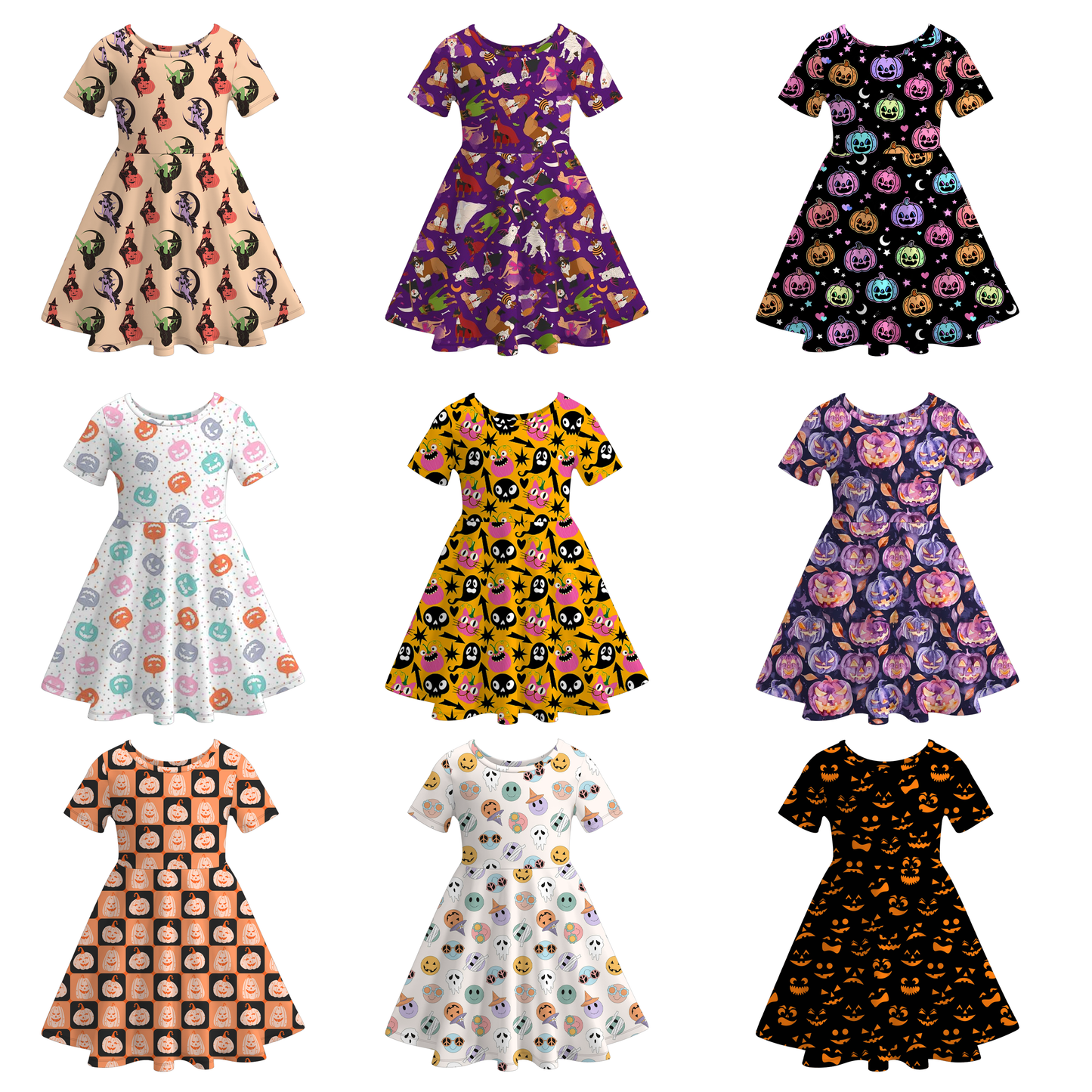 Halloween Girls Fall Pumpkin Witch Print Short Sleeves Twirl Dress