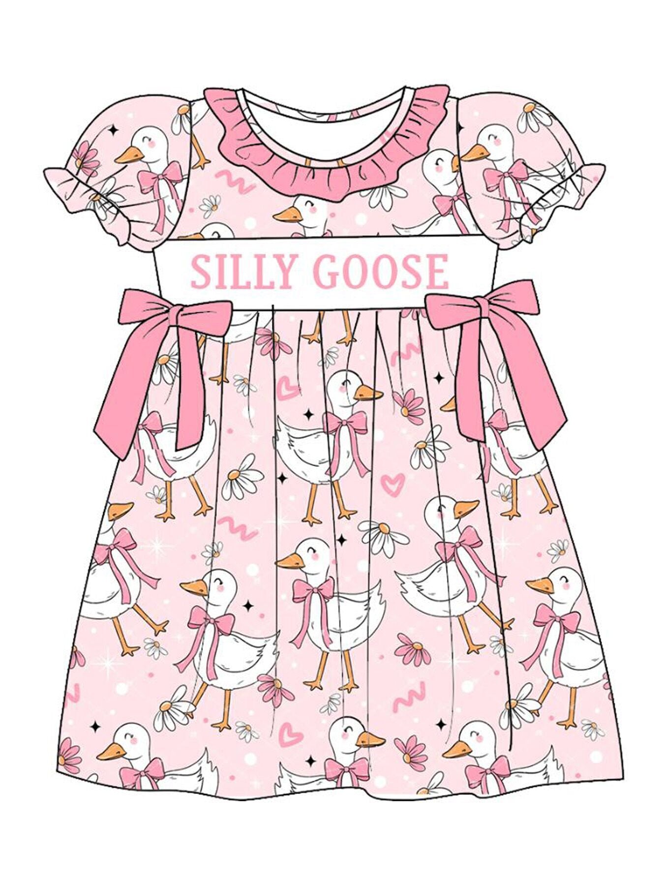Girls Summer SILLY GOOSE Print Smocked Embroidered Dress