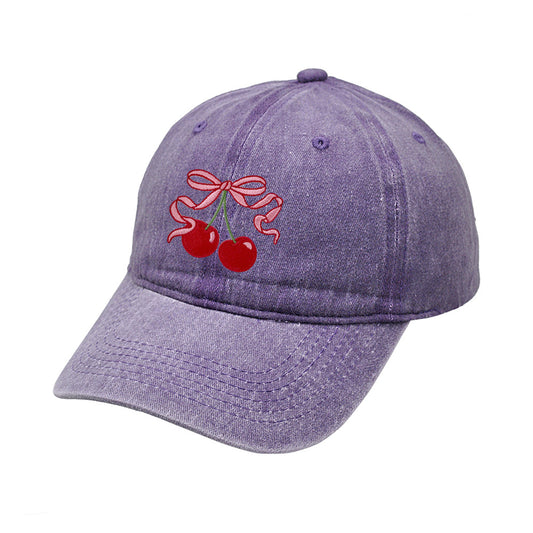 Vintage Washed Baseball Cap with Cherry & Bow Embroidery