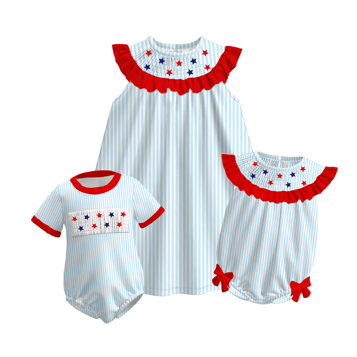 Kids July 4th Sibling Smocked Star Dress And Romper